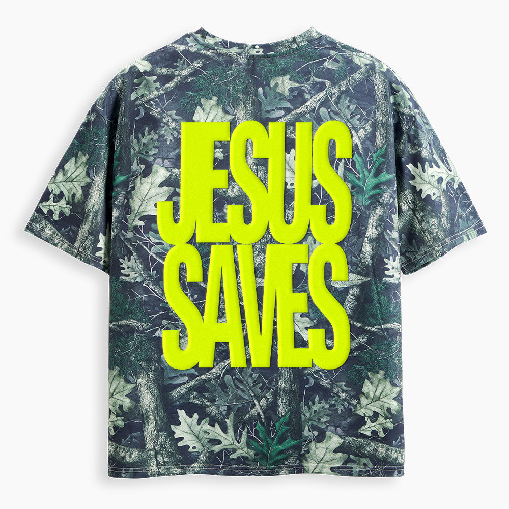 Jesus Saves Christian Puff Printed Camo T-Shirt