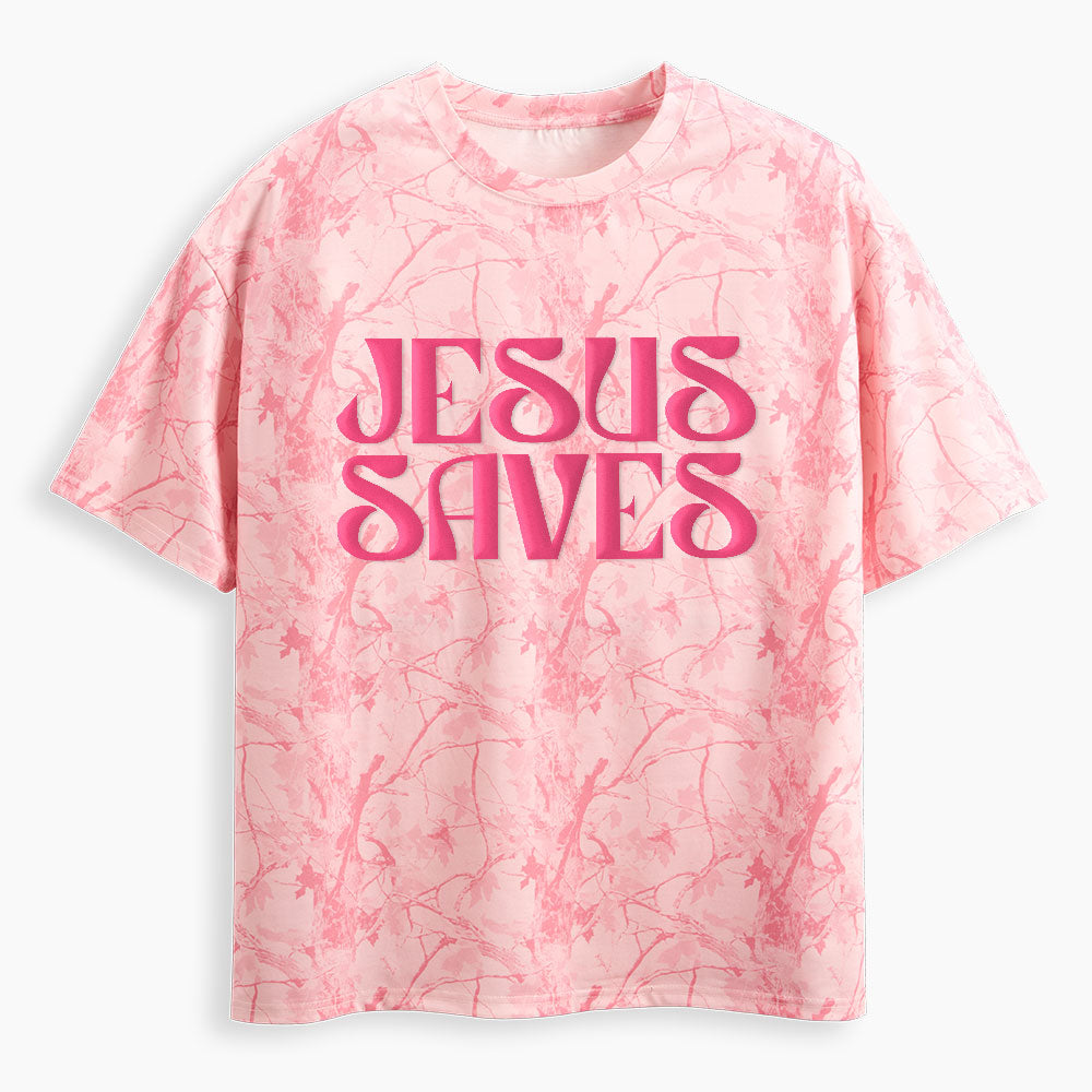 Jesus Saves Christian Puff Printed Camo T-Shirt