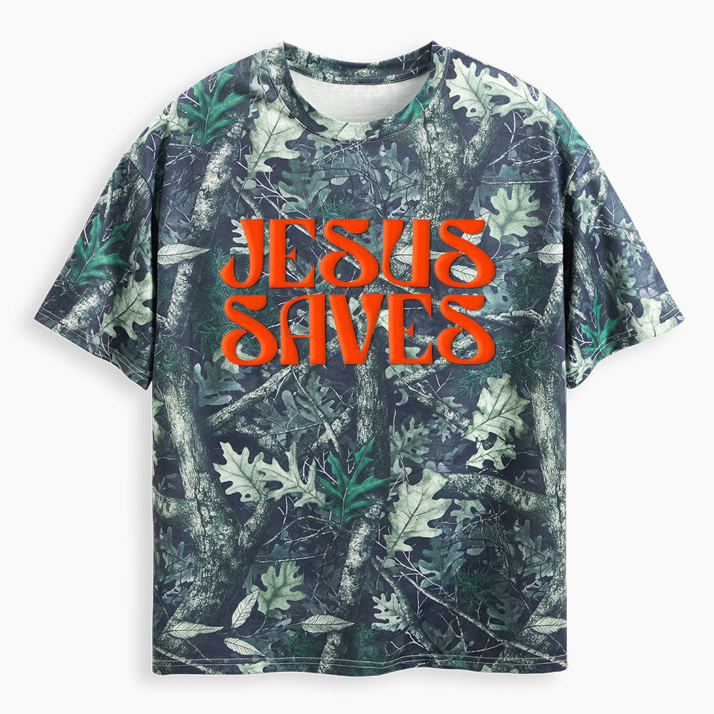 Jesus Saves Christian Puff Printed Camo T-Shirt