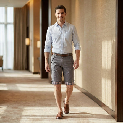 Tailored Shorts with Plaid Turn-Up Hem and Button Accents