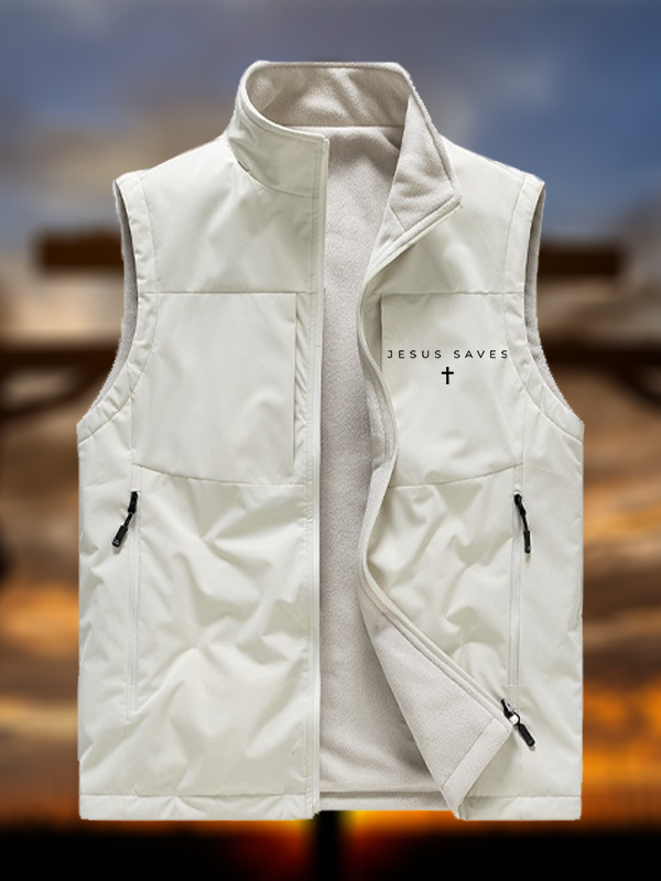 Jesus Saves Jesus God Christian Reversible Outdoor Fleece-Lined Multi-Pocket Vest