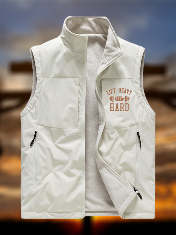 Lift Heavy Pray Hard Jesus God Christian Reversible Outdoor Fleece-Lined Multi-Pocket Vest