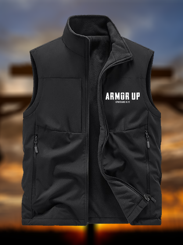 Armor Up Jesus God Christian Reversible Outdoor Fleece-Lined Multi-Pocket Vest