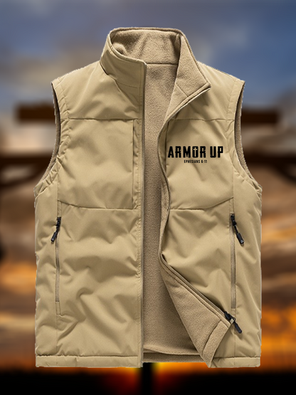 Armor Up Jesus God Christian Reversible Outdoor Fleece-Lined Multi-Pocket Vest