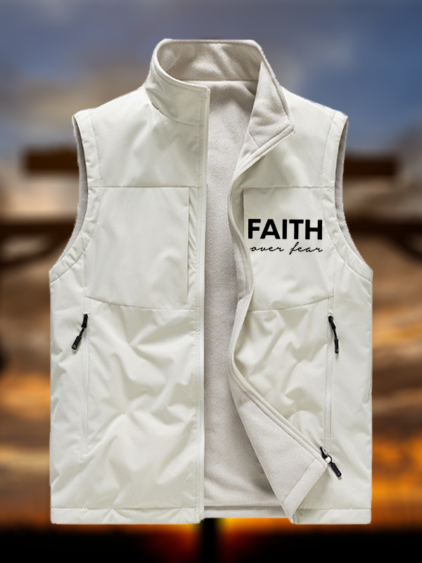 Faith over Fear Jesus God Christian Reversible Outdoor Fleece-Lined Multi-Pocket Vest