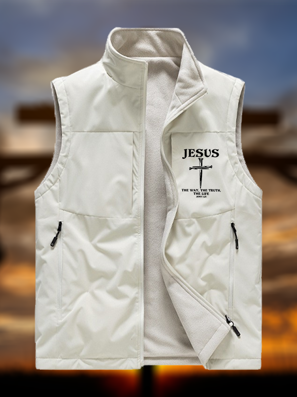 Jesus The Way The Truth The Life Jesus God Christian Reversible Outdoor Fleece-Lined Multi-Pocket Vest