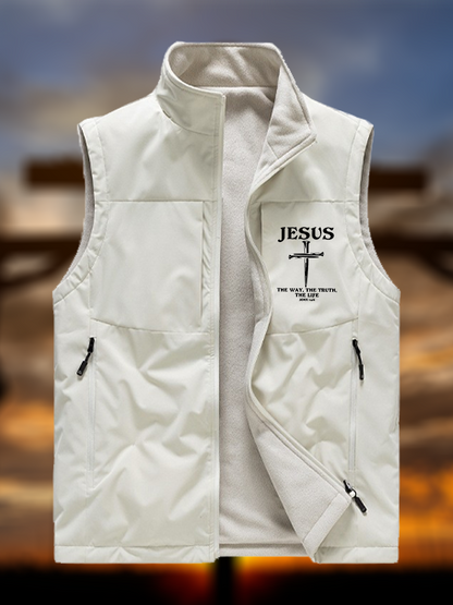 Jesus The Way The Truth The Life Jesus God Christian Reversible Outdoor Fleece-Lined Multi-Pocket Vest
