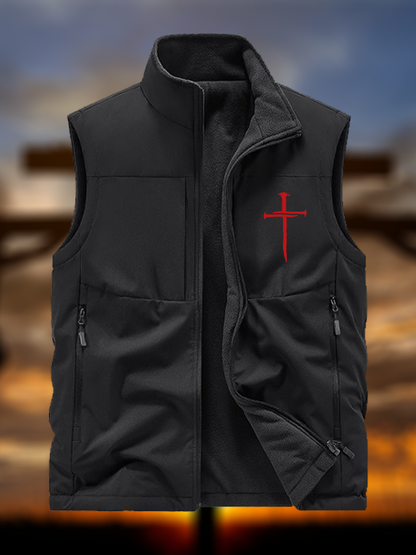 Red Cross  Jesus God Christian Reversible Outdoor Fleece-Lined Multi-Pocket Vest