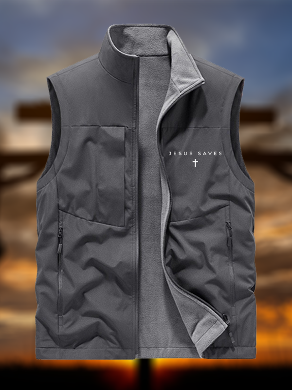Jesus Saves Jesus God Christian Reversible Outdoor Fleece-Lined Multi-Pocket Vest