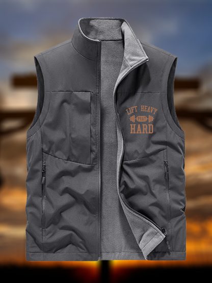Lift Heavy Pray Hard Jesus God Christian Reversible Outdoor Fleece-Lined Multi-Pocket Vest