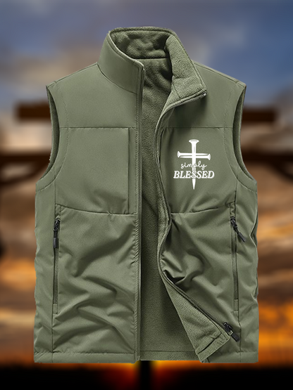 Simply Blessed Jesus God Christian Reversible Outdoor Fleece-Lined Multi-Pocket Vest