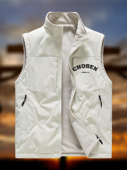 Chosen Jesus God Christian Reversible Outdoor Fleece-Lined Multi-Pocket Vest