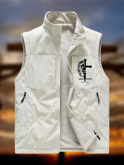 Man of Faith Jesus God Christian Reversible Outdoor Fleece-Lined Multi-Pocket Vest