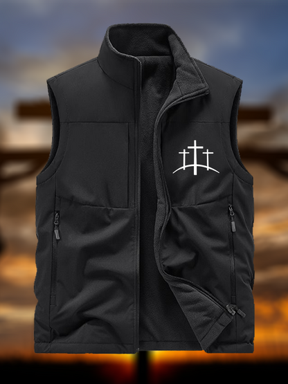 Cross Printed Jesus God Christian Reversible Outdoor Fleece-Lined Multi-Pocket Vest