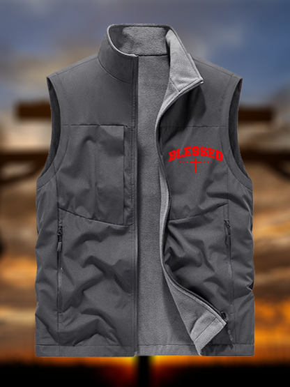 Blessed Cross Jesus God Christian Reversible Outdoor Fleece-Lined Multi-Pocket Vest