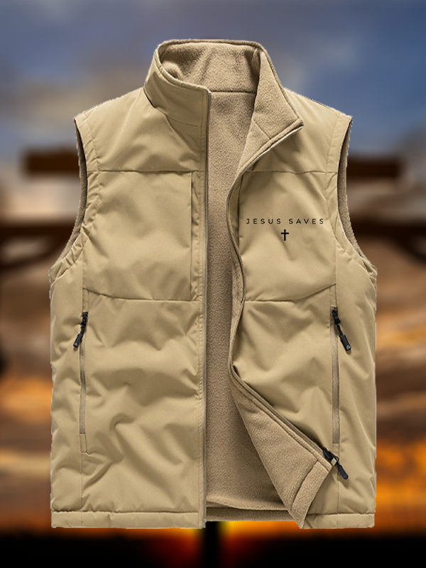 Jesus Saves Jesus God Christian Reversible Outdoor Fleece-Lined Multi-Pocket Vest
