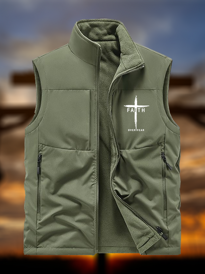 Faith Over Fear Cross Jesus God Christian Reversible Outdoor Fleece-Lined Multi-Pocket Vest