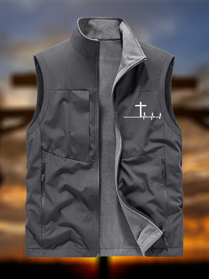 ECG Cross  Jesus God Christian Reversible Outdoor Fleece-Lined Multi-Pocket Vest