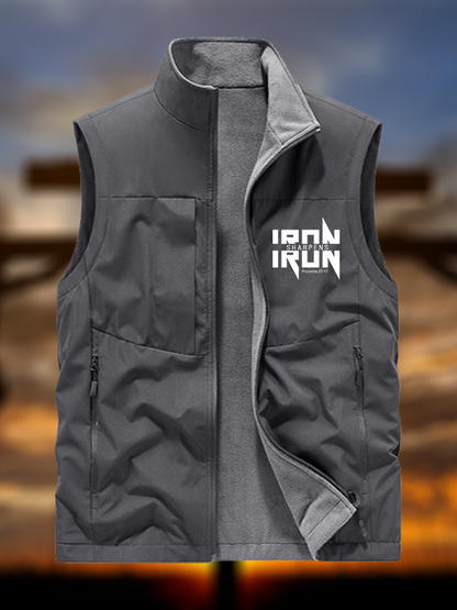 IRON SHARPENS IRON Proverbs 27:17 Jesus God Christian Reversible Outdoor Fleece-Lined Multi-Pocket Vest