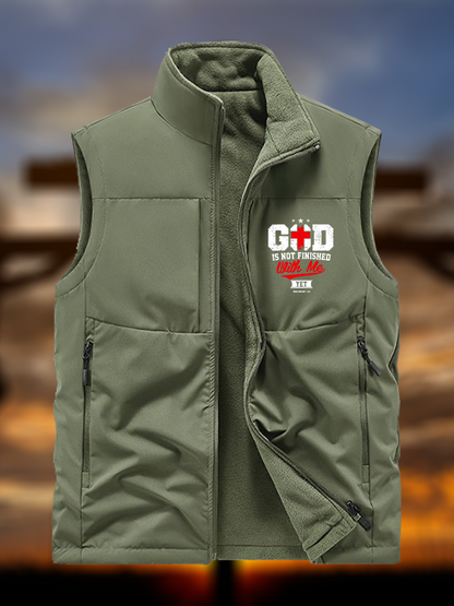 God Is Not Finished With Me Philippians 1:5 Jesus God Christian Reversible Outdoor Fleece-Lined Multi-Pocket Vest