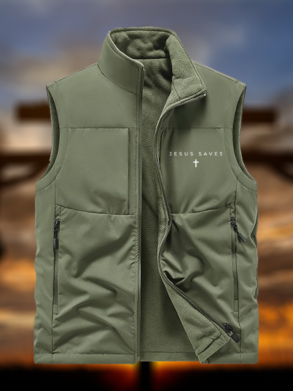 Jesus Saves Jesus God Christian Reversible Outdoor Fleece-Lined Multi-Pocket Vest