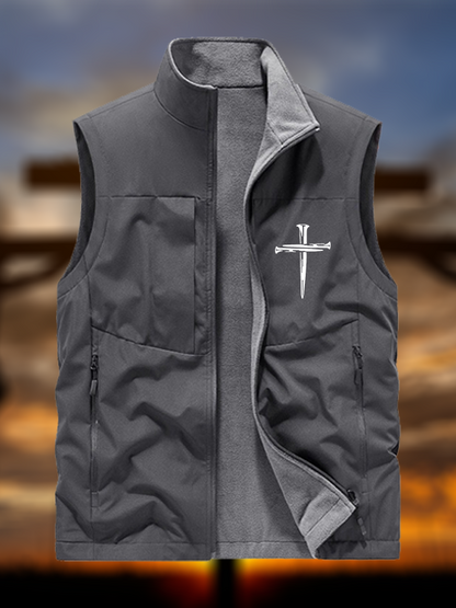 Cross Print Reversible Outdoor Fleece-Lined Multi-Pocket Vest