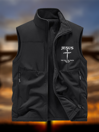 Jesus The Way The Truth The Life Jesus God Christian Reversible Outdoor Fleece-Lined Multi-Pocket Vest