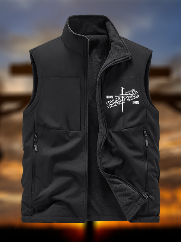 Iron Sharpens Jesus God Christian Reversible Outdoor Fleece-Lined Multi-Pocket Vest