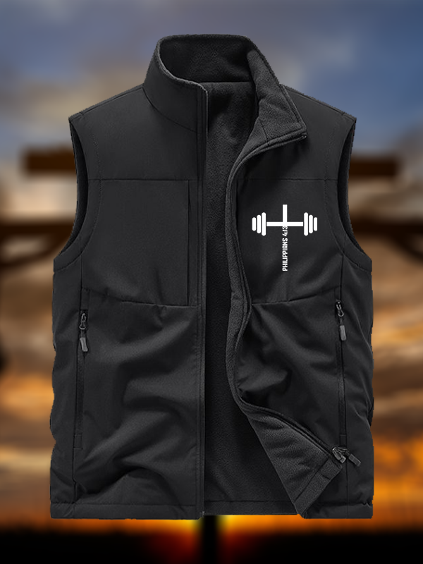 Fitness Philippians 4:13 Jesus God Christian Reversible Outdoor Fleece-Lined Multi-Pocket Vest