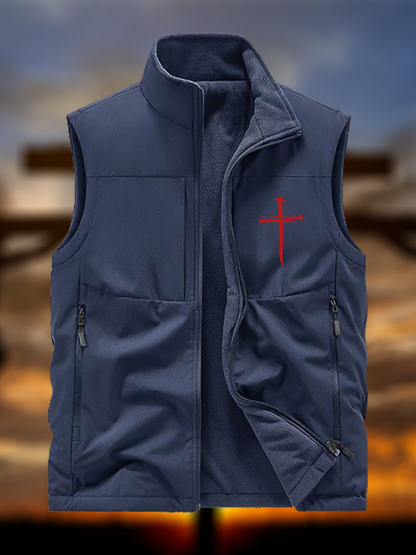 Red Cross  Jesus God Christian Reversible Outdoor Fleece-Lined Multi-Pocket Vest