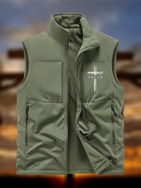 Faith Cross  Jesus God Christian Reversible Outdoor Fleece-Lined Multi-Pocket Vest