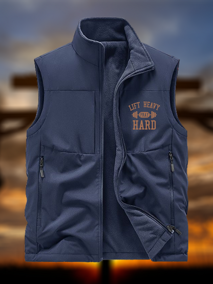 Lift Heavy Pray Hard Jesus God Christian Reversible Outdoor Fleece-Lined Multi-Pocket Vest