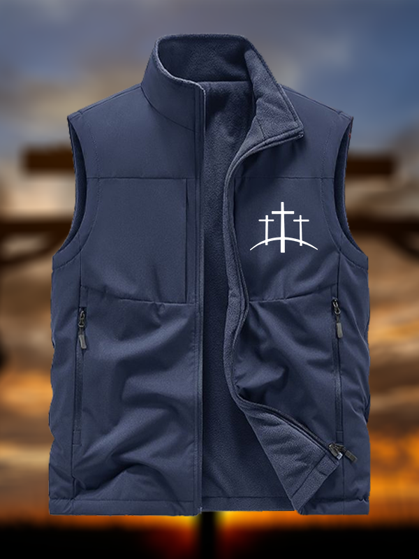 Cross Printed Jesus God Christian Reversible Outdoor Fleece-Lined Multi-Pocket Vest