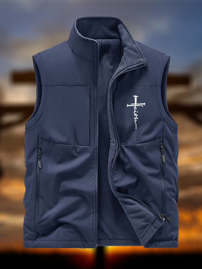 Cross Jesus God Christian Reversible Outdoor Fleece-Lined Multi-Pocket Vest