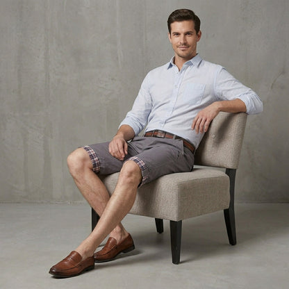 Tailored Shorts with Plaid Turn-Up Hem and Button Accents