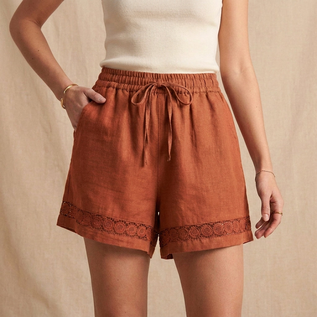 Relaxed-Fit Shorts with Embroidered Lace Hem and Drawstring Waist