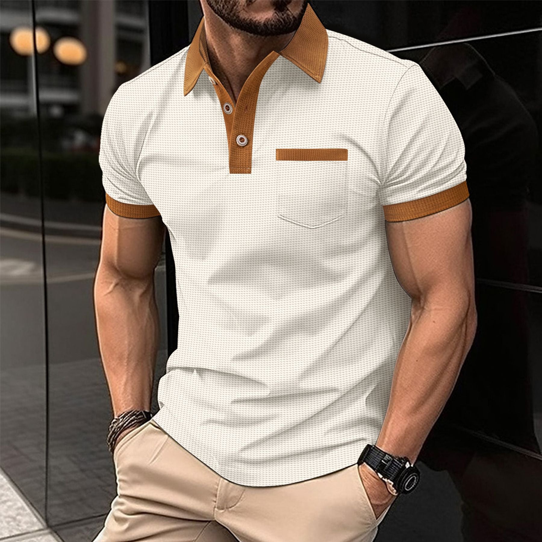 Men's Casual Color Block Buttoned Short Sleeve Polo Shirt