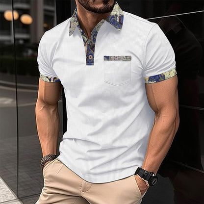 Men's Color Block Waffle Knit Pocket Short Sleeve Polo Shirt