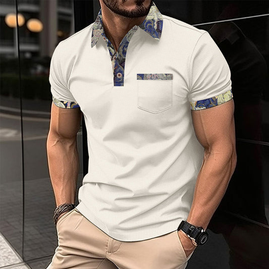 Men's Color Block Waffle Knit Pocket Short Sleeve Polo Shirt
