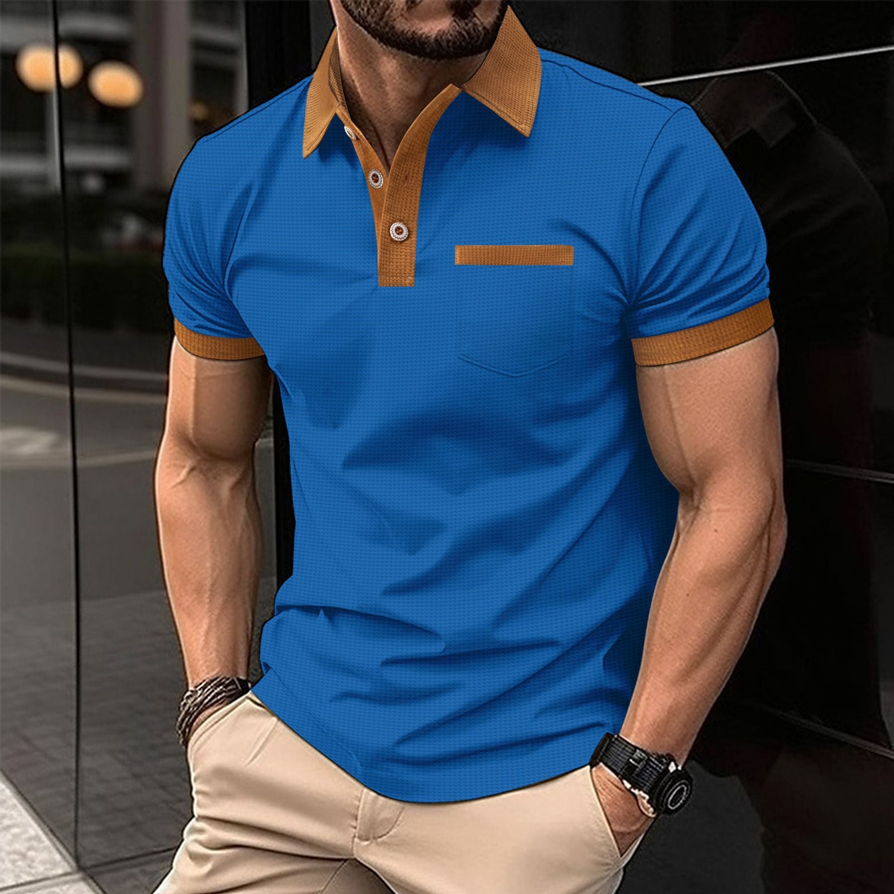 Men's Casual Color Block Buttoned Short Sleeve Polo Shirt