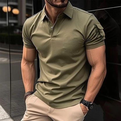 Men's Solid Color Short Sleeve Polo Shirt with Arm Pocket