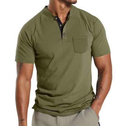 Men's Solid Color Pocket Short Sleeve Henley T-shirt