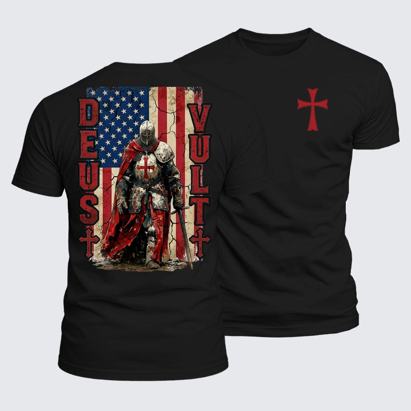 Luxe Mercerized Cotton Tee - Deus Vult Knight Templar American Flag Crusader