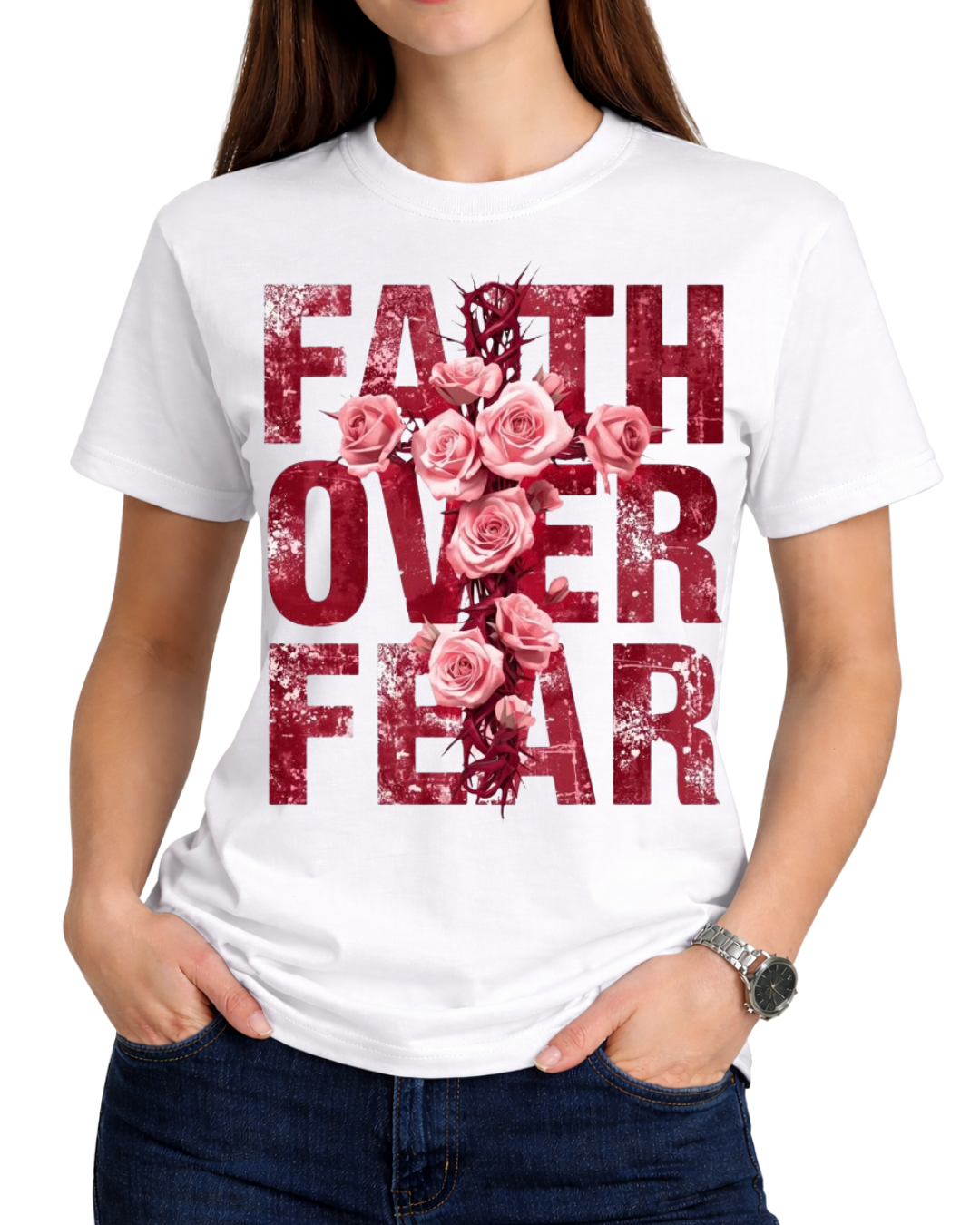 Christian Faith Over Fear Floral Cross Unisex Graphic T-Shirt