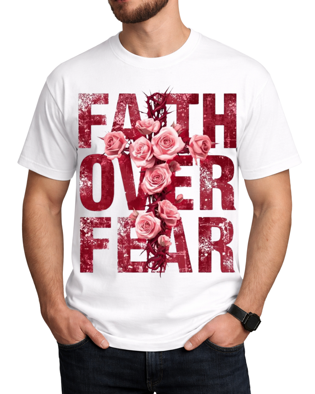 Christian Faith Over Fear Floral Cross Unisex Graphic T-Shirt