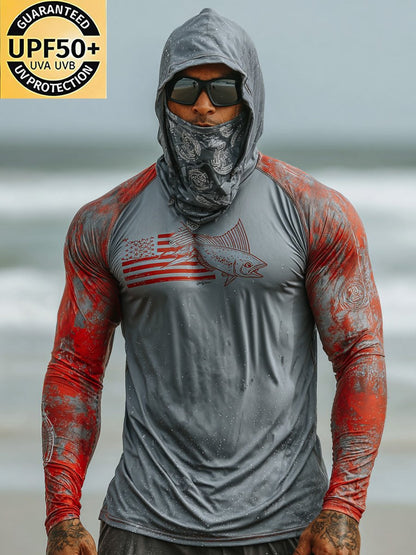 Men's Outdoor Sun Protection Breathable Cool Face Mask Hooded Printed Long-Sleeved Top