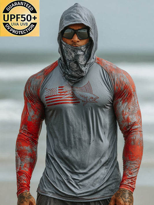 Men's Outdoor Sun Protection Breathable Cool Face Mask Hooded Printed Long-Sleeved Top