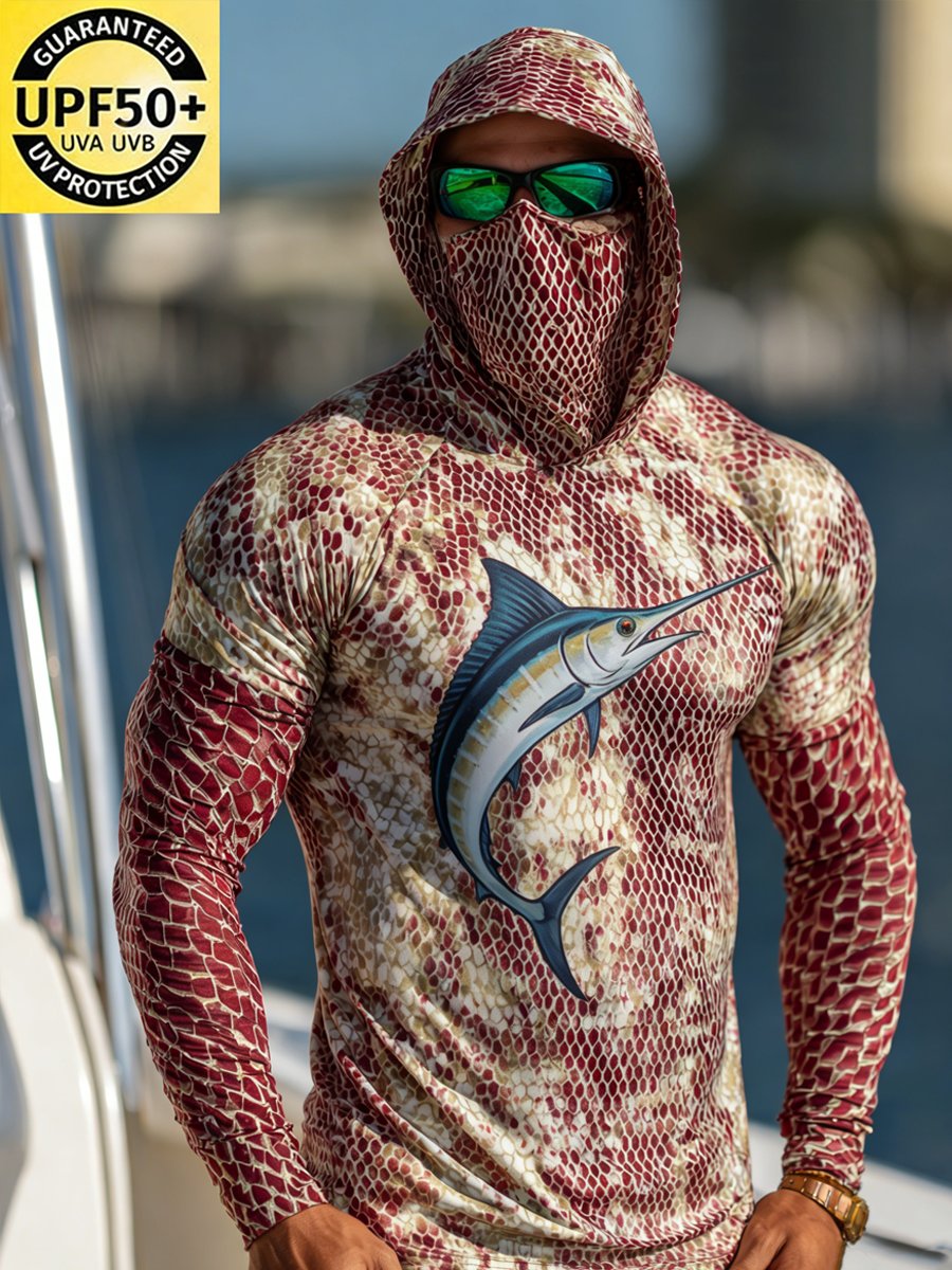 Men's Outdoor Sun Protection Breathable Cool Face Mask Hooded Printed Long-Sleeved Top