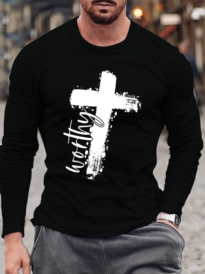 Worthy Cross Print Cotton Long Sleeve T-Shirt