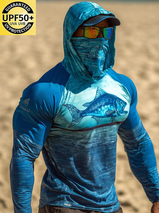 Men's Outdoor Sun Protection Breathable Cool Face Mask Hooded Printed Long-Sleeved Top